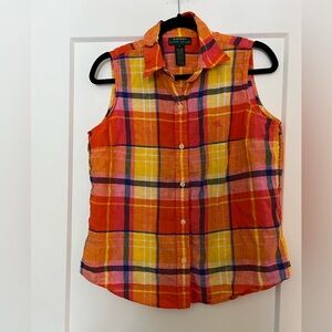 Vintage 💯 Linen Madras Check Plaid Ralph Lauren Sleeveless Button Up Shirt L